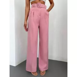 SHEIN Frenchy Pantalones de traje de talle alto con fruncido con cinturón