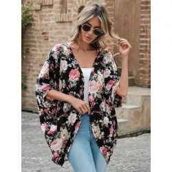 EMERY ROSE 1pc Floral Print Batwing Sleeve Open Front Coat