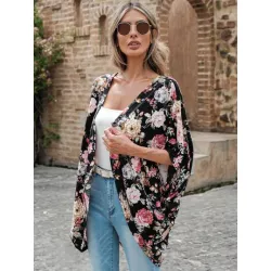 EMERY ROSE 1pc Floral Print Batwing Sleeve Open Front Coat