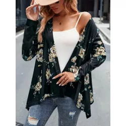 SHEIN LUNE Abrigo con estampado floral con parte delantera abierta bajo irregular