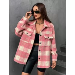 SHEIN EZwear Abrigo de cuadros con bolsillo con solapa de hombros caídos