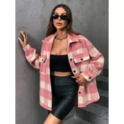 SHEIN EZwear Abrigo de cuadros con bolsillo con solapa de hombros caídos