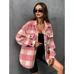 SHEIN EZwear Abrigo de cuadros con bolsillo con solapa de hombros caídos