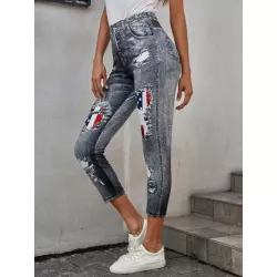 LUNE Leggings de talle alto efecto denim con estampado