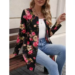 SHEIN LUNE Abrigo con estampado floral con parte delantera abierta