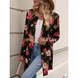 SHEIN LUNE Abrigo con estampado floral con parte delantera abierta