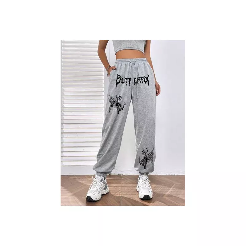 Pantalones deportivos con letra & estampado de cráneo de cintura con cordón