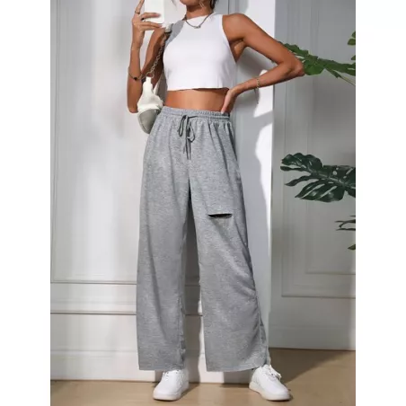 SHEIN EZwear Pantalones de pierna ancha de cintura con cordón desgarro