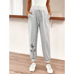 SHEIN LUNE Pantalones deportivos con estampado de diente de león con nudo delantero