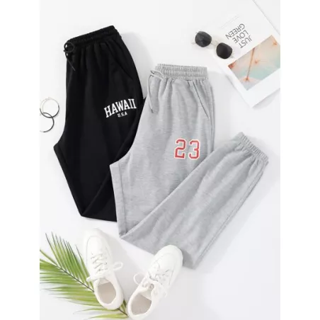 SHEIN EZwear 2 piezas Pantalones deportivos con estampado de letra de cintura con cordón