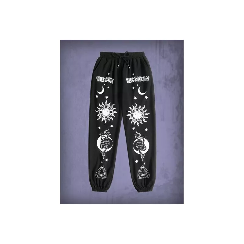 Goth Pantalones deportivos con letra con estampado de sol y luna con cordón