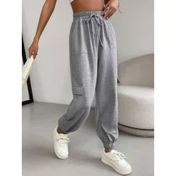 SHEIN Essnce Pantalones deportivos unicolor de cintura con cordón con bolsillo lateral con solapa