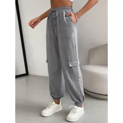 SHEIN Essnce Pantalones deportivos unicolor de cintura con cordón con bolsillo lateral con solapa