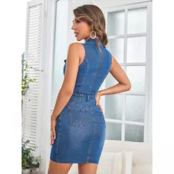 SHEIN LUNE Vestido mezclilla ajustado con bolsillo con solapa con botón delantero