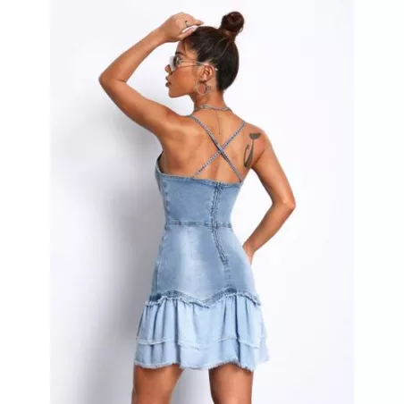 Vestido mezclilla de tirantes bajo con fruncido bustier