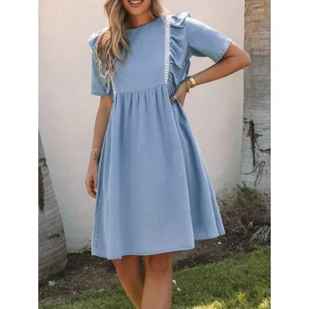 Vestido mezclilla ribete con fruncido smock