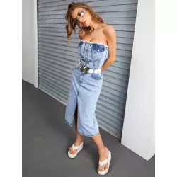 SHEIN ICON Vestido mezclilla tubo con botón delantero de muslo con abertura sin cinturón