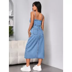 EZwear Vestido mezclilla con bolsillo oblicuo sin cinturón