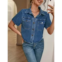 SHEIN Essnce Camisa mezclilla con bolsillo con solapa con botón delantero