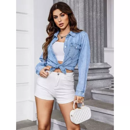 SHEIN LUNE Camisa mezclilla con bolsillo con solapa con botón delantero