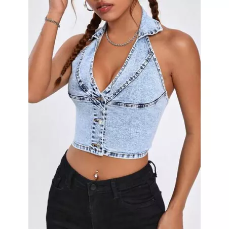 EZwear Top en mezclilla con botón delantero de espalda abierta de cuello halter