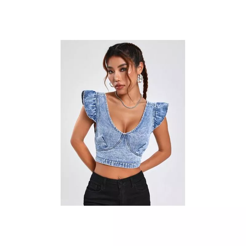 EZwear Top mezclilla crop ribete con fruncido