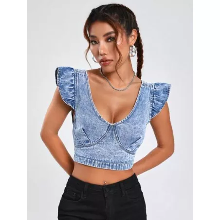 EZwear Top mezclilla crop ribete con fruncido