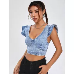 EZwear Top mezclilla crop ribete con fruncido