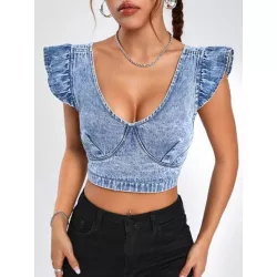 EZwear Top mezclilla crop ribete con fruncido