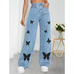 Jeans con estampado de mariposa de pierna ancha