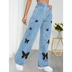 Jeans con estampado de mariposa de pierna ancha