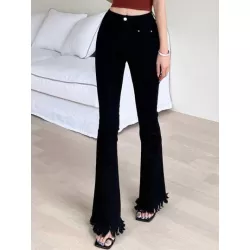 Jeans de pierna amplia de talle alto bajo con fleco