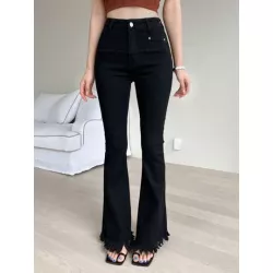 Jeans de pierna amplia de talle alto bajo con fleco