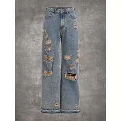 Grunge Punk Jeans desgarro de pierna ancha