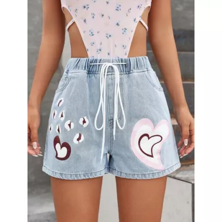 Shorts en mezclilla con estampado de corazón de cintura con cordón