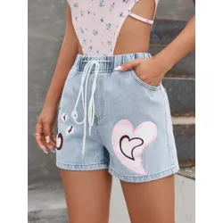 Shorts en mezclilla con estampado de corazón de cintura con cordón