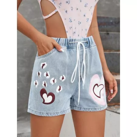 Shorts en mezclilla con estampado de corazón de cintura con cordón