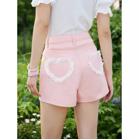 Shorts en mezclilla con patrón de corazón con encaje en contraste