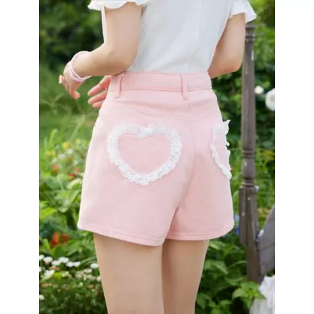 Shorts en mezclilla con patrón de corazón con encaje en contraste