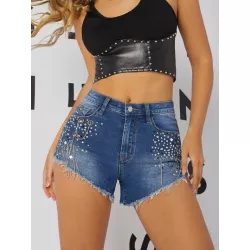 Shorts en mezclilla bajo crudo con diamante de imitación