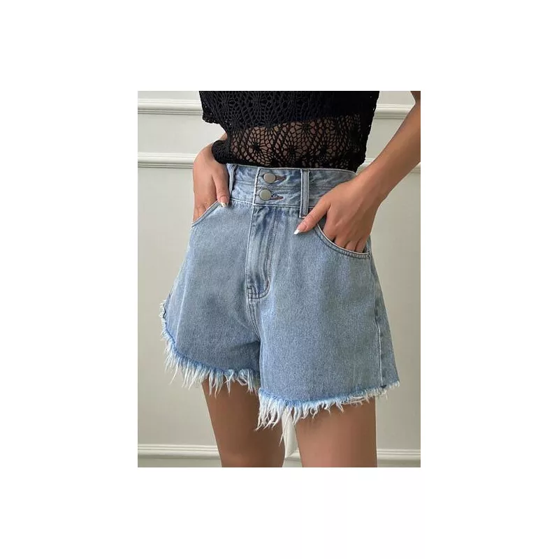 Shorts en mezclilla de talle alto bajo crudo