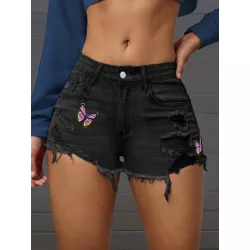 Shorts mezclilla desgarro bajo crudo con estampado de mariposa