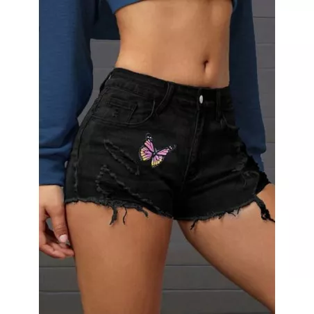 Shorts mezclilla desgarro bajo crudo con estampado de mariposa