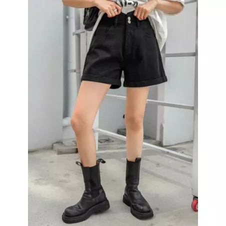 Shorts en mezclilla de talle alto bajo de doblez