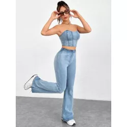 EZwear con cremallera trasera mezclilla Top bandeau & Jeans de pierna amplia