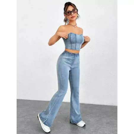 EZwear con cremallera trasera mezclilla Top bandeau & Jeans de pierna amplia