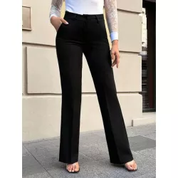 Pantalones de traje unicolor con bolsillo oblicuo pierna amplia