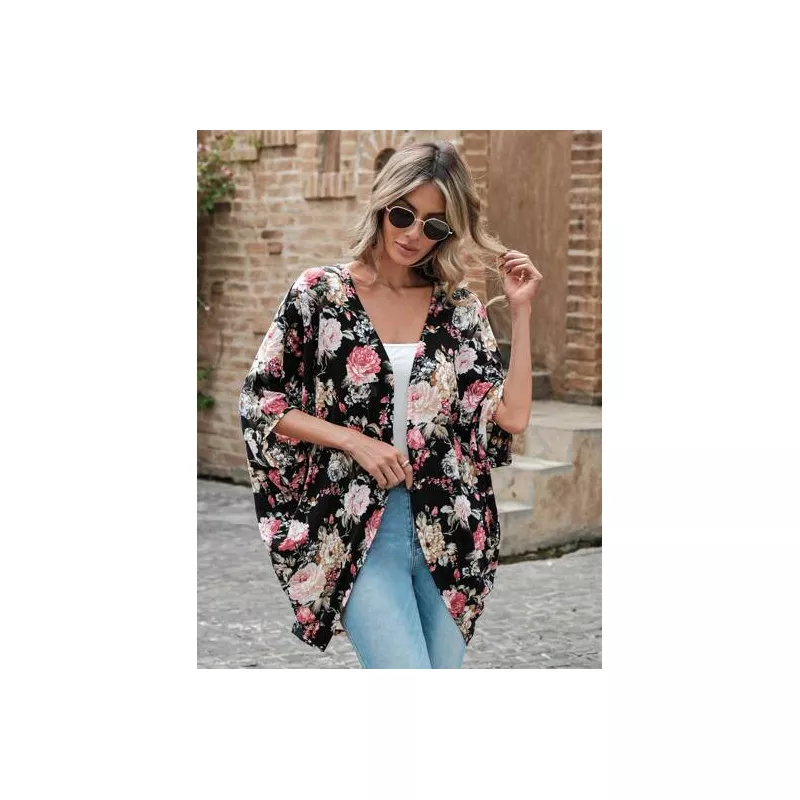 EMERY ROSE 1pc Floral Print Batwing Sleeve Open Front Coat