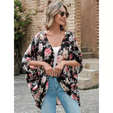 EMERY ROSE 1pc Floral Print Batwing Sleeve Open Front Coat