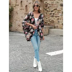 EMERY ROSE 1pc Floral Print Batwing Sleeve Open Front Coat